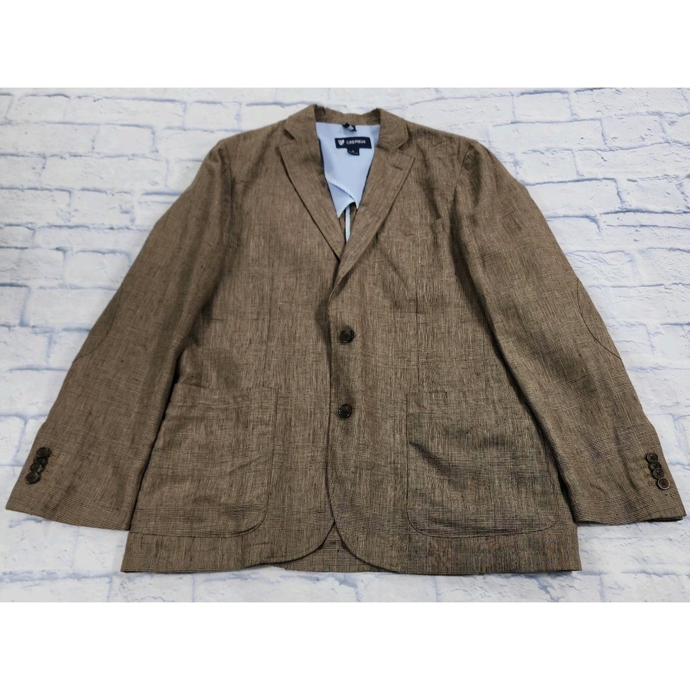 Cremieux MENS L Linen Jacket Sport Coat Blazer Brown Elbow Patch Unstructured